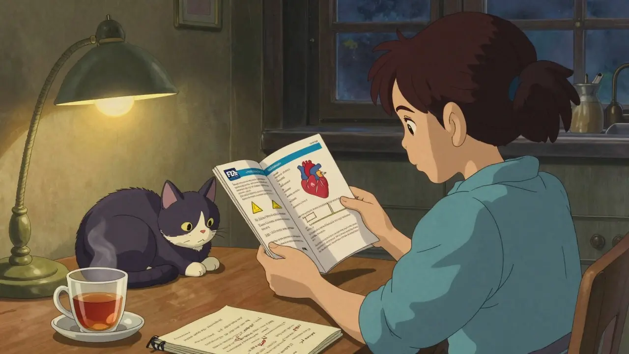 A person reads a Medication Guide at home with a cat beside them at dusk.