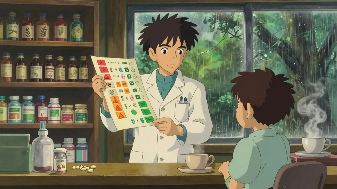 A pharmacist showing a color-coded drug interaction chart to a patient in a cozy pharmacy.