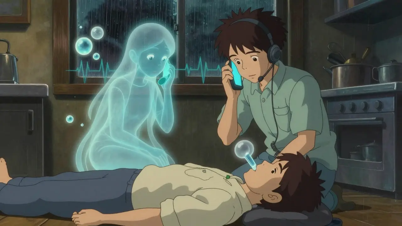 A rescuer speaking to a glowing dispatcher figure while administering breaths to an unconscious person indoors.