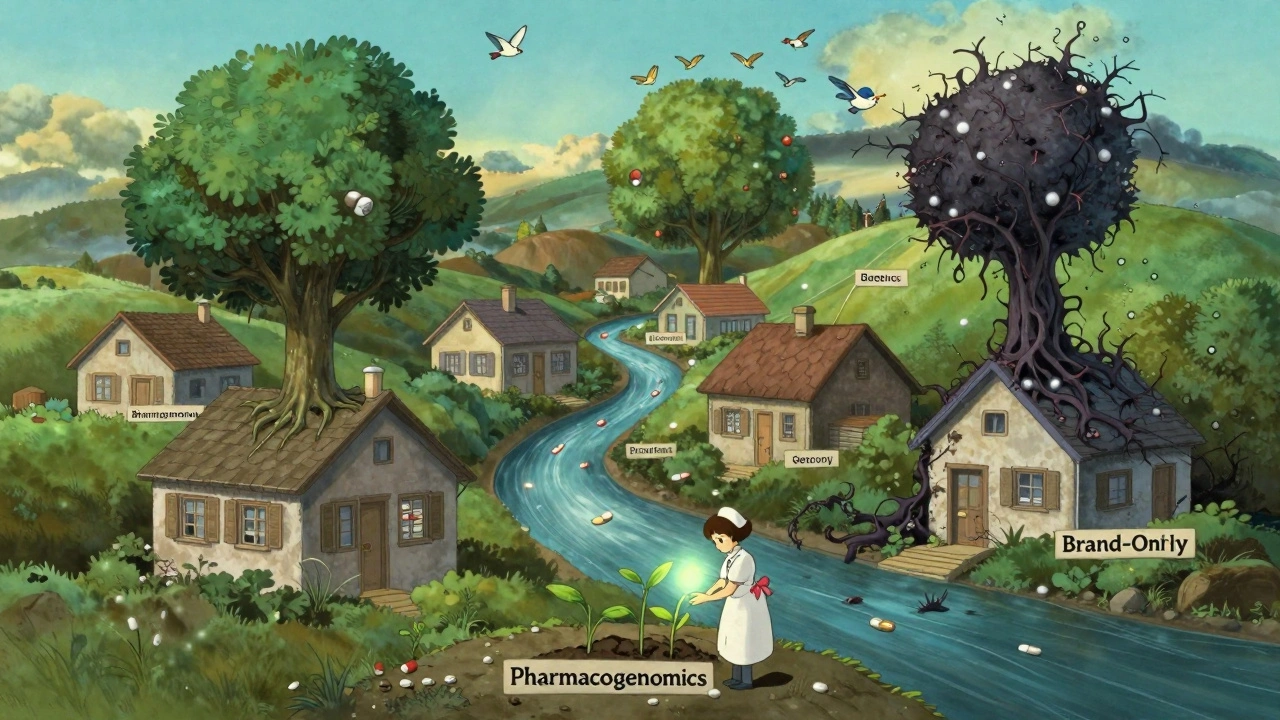 A river of pills becomes trees where patients live, while a withered brand-name bush fades on a hill under starlight.