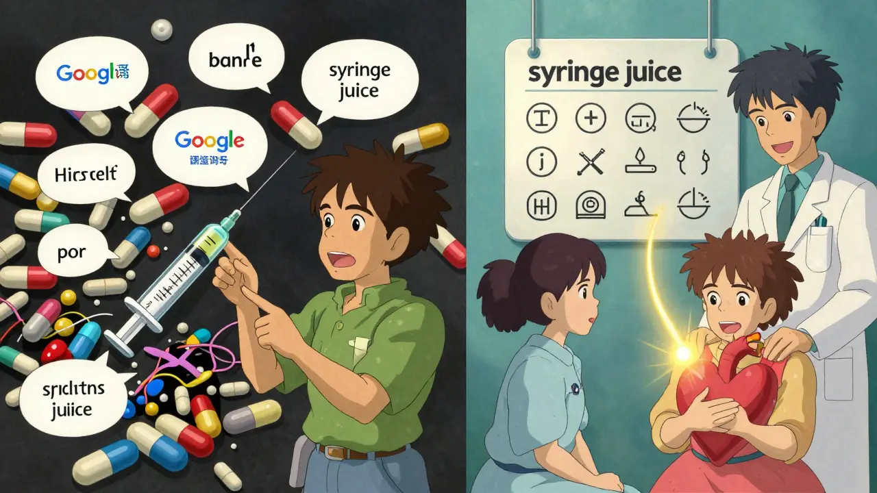 A split scene showing dangerous mistranslations on one side and clear, illustrated instructions on the other, with a professional interpreter guiding a patient.