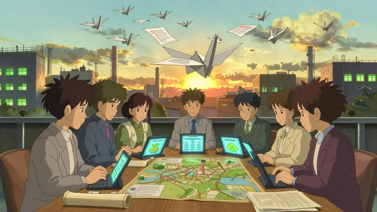 A team works on corrective plans as a paper crane transforms into birds carrying compliance, with factories glowing green in the sunset.