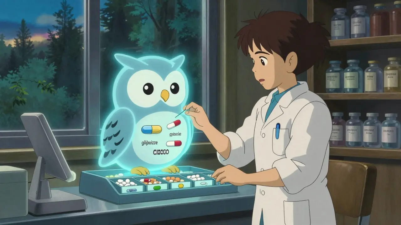 A technician beside an owl-shaped pill sorter highlighting dangerous drug pairs in a quiet hospital pharmacy.
