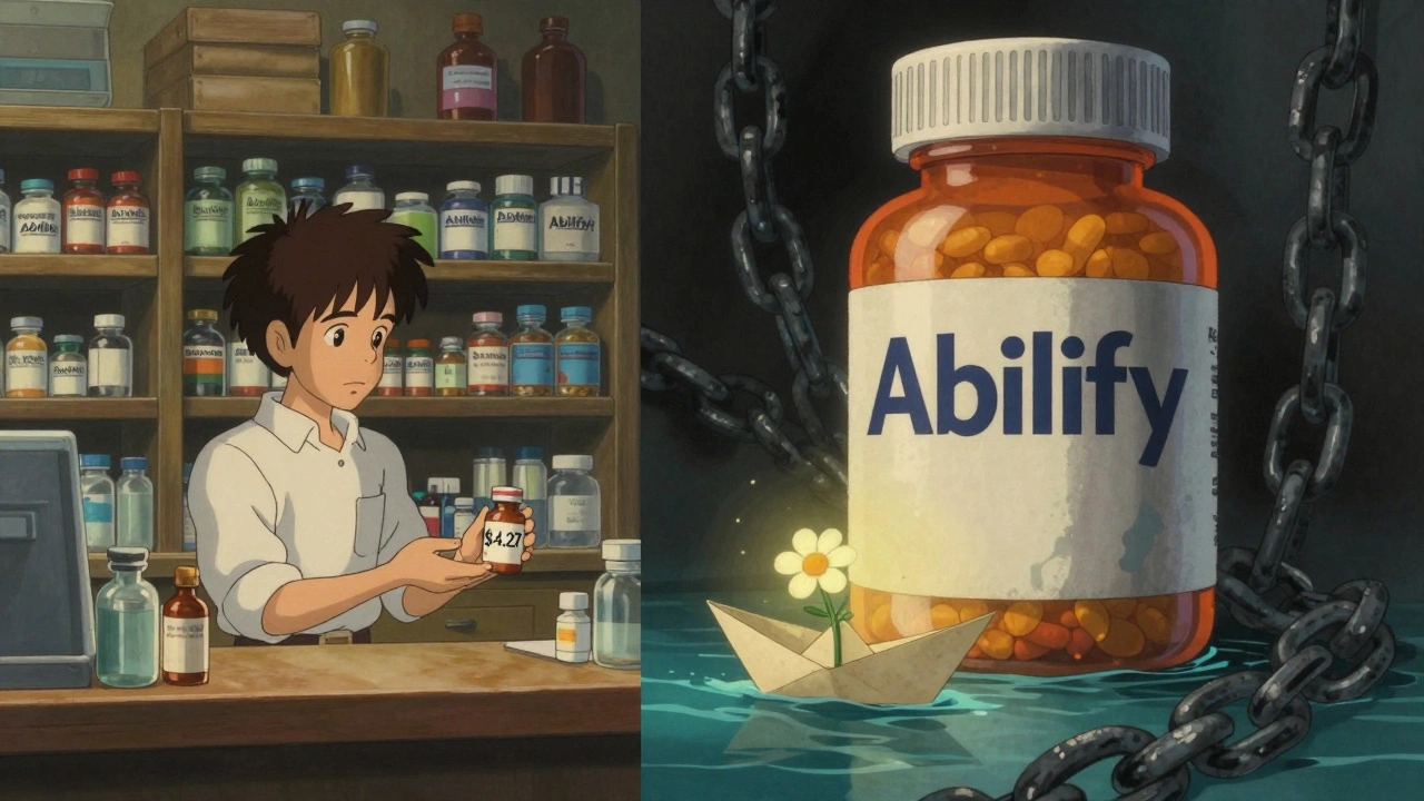 A tiny buspirone bottle contrasts with a massive expensive pill bottle, while a paper boat carries a flower—symbolizing affordable hope.