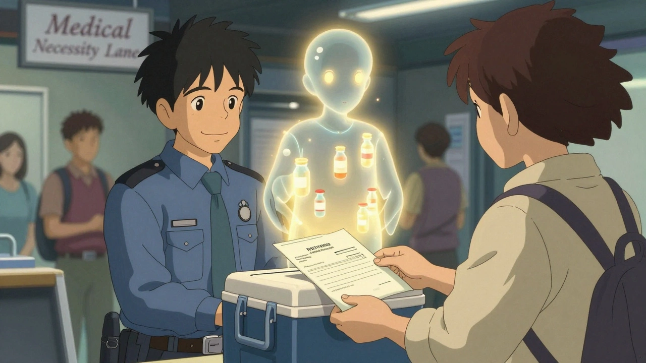 A TSA agent accepts a doctor&#039;s letter and labeled cooler in a medical necessity lane.