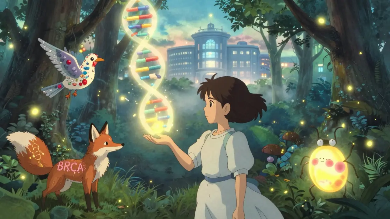 A woman in a glowing forest surrounded by magical creatures representing genetic breakthroughs in cancer treatment.