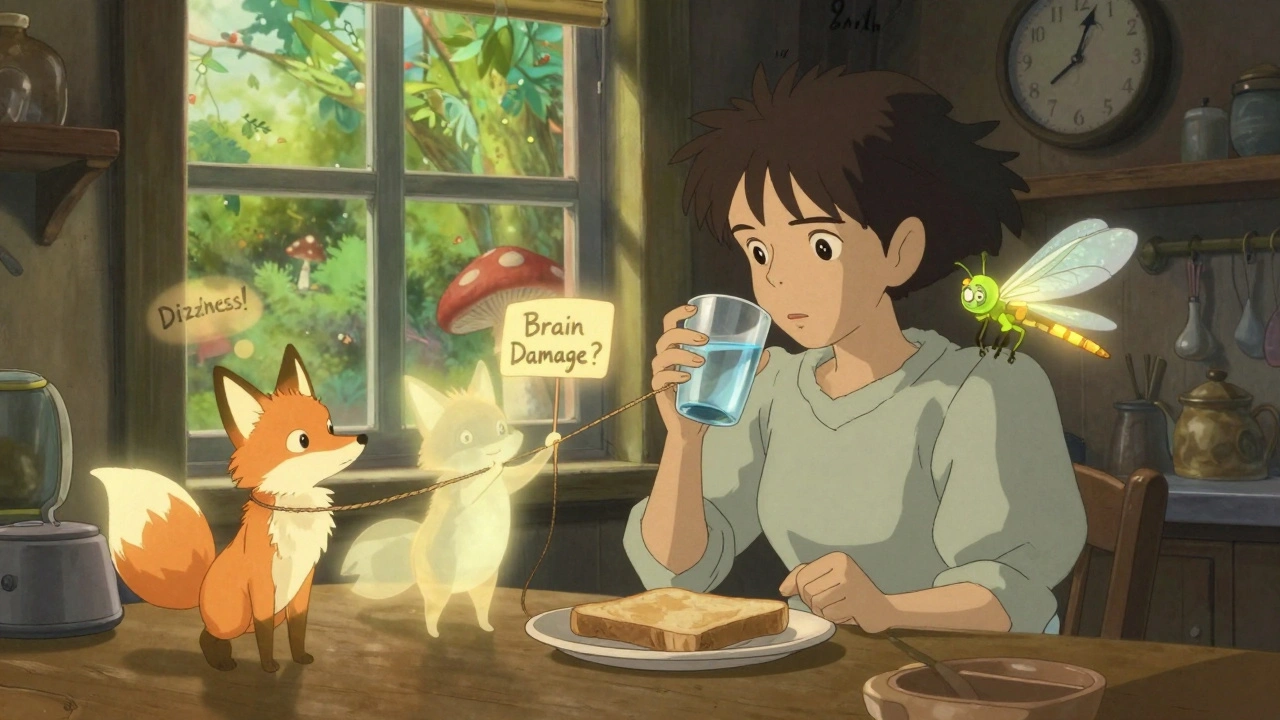 A woman taking medication at breakfast, surrounded by whimsical anxiety spirits being calmed by a glowing dragonfly.