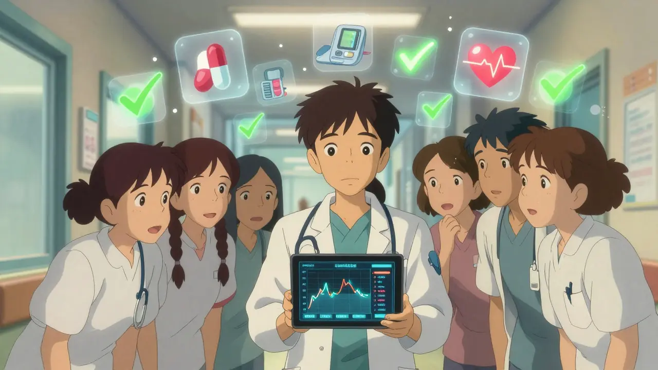 A young physician shows data on generic drug outcomes to curious colleagues in a hospital hallway.