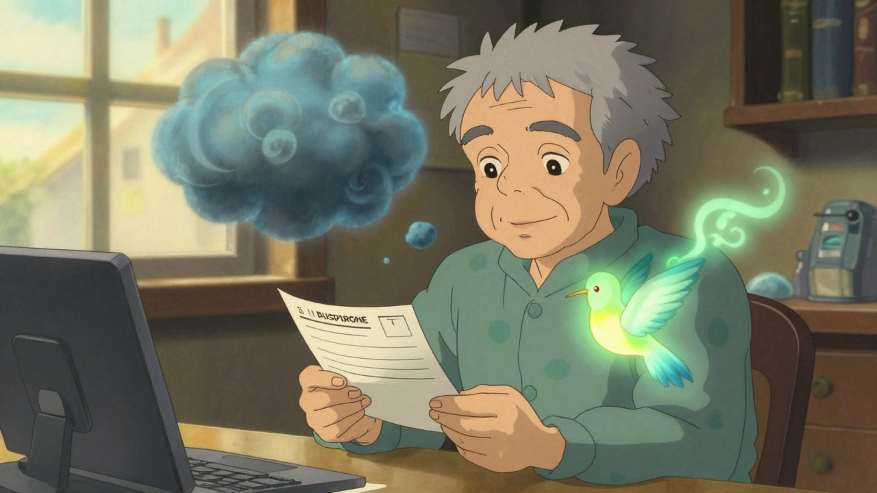 An elderly patient is comforted by a spirit lifting a dark cloud, replaced by a glowing hummingbird symbolizing restored mood and desire.