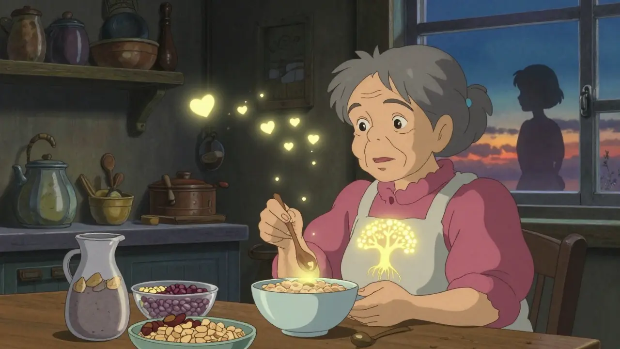 An elderly woman cooks healthy food as glowing heart particles rise like magic into the night sky.