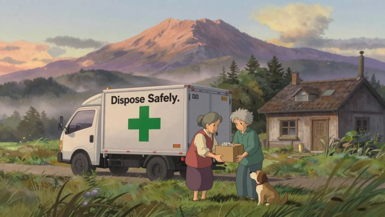 An elderly woman hands medications to a driver of a mobile collection truck in a misty rural landscape at dawn.
