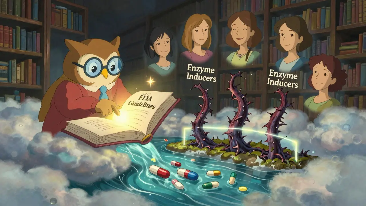 An owl librarian points to FDA guidelines as harmless antibiotics dissolve in a river, blocked by thorny vines.