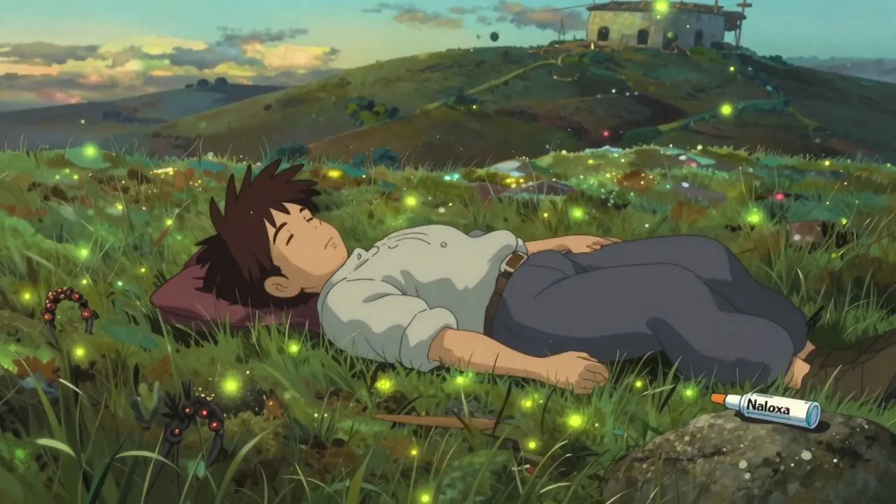 An unconscious person placed in recovery position on a grassy hill at twilight with a naloxone spray nearby.