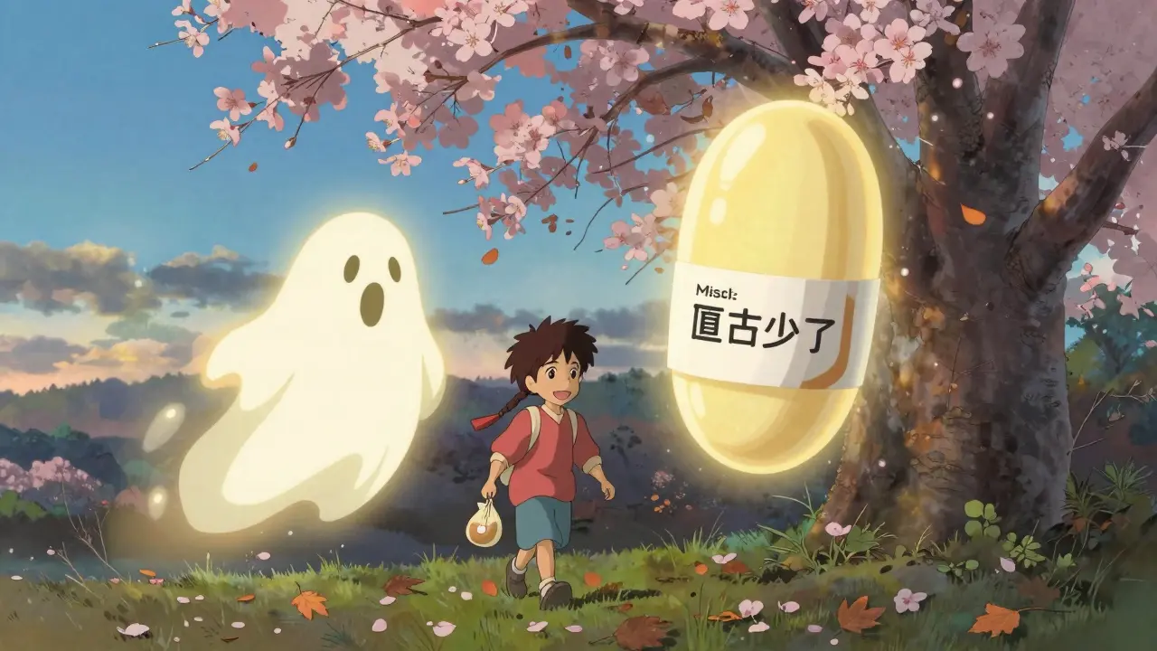 Family walking home at dusk with a glowing pill transforming from brand to generic name.