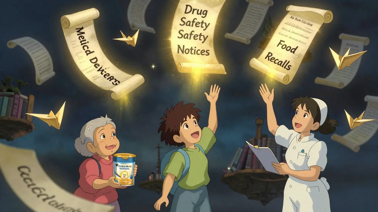 Floating safety alert scrolls descend like paper cranes toward a child, senior, and nurse in a magical sky-library.