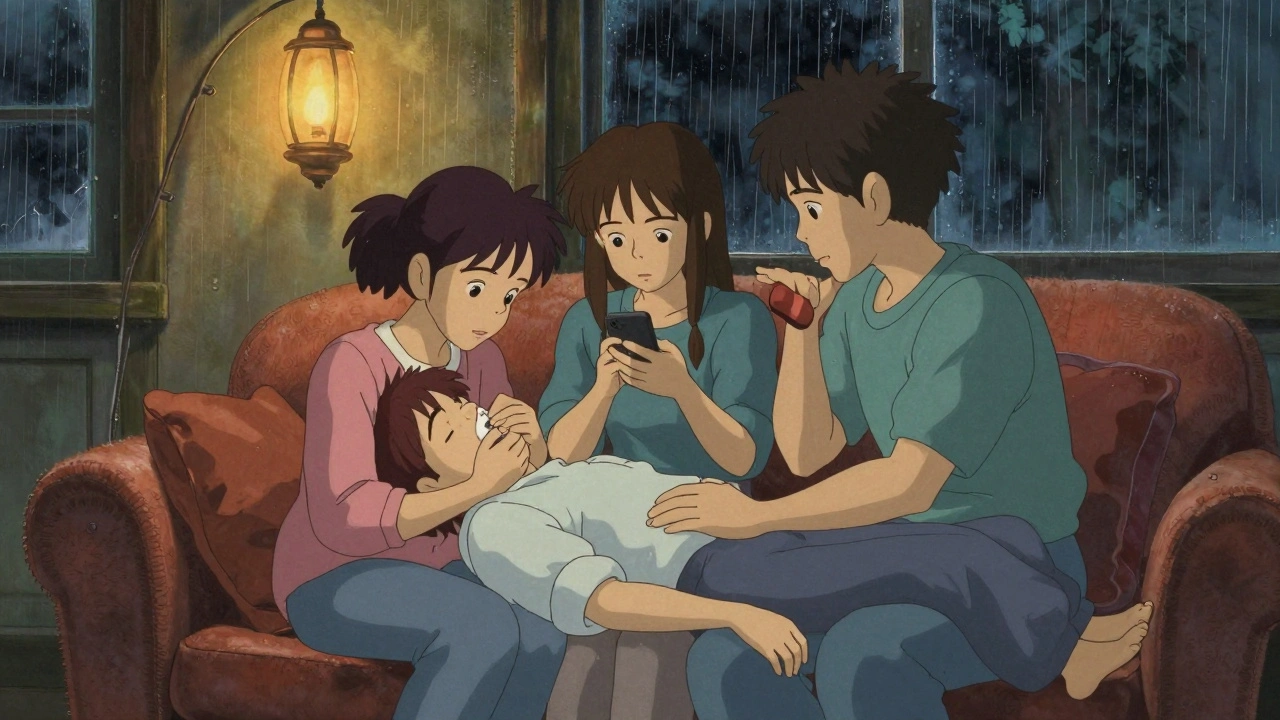 Friends caring for an unconscious person on a couch, one giving rescue breaths as rain falls outside the window.