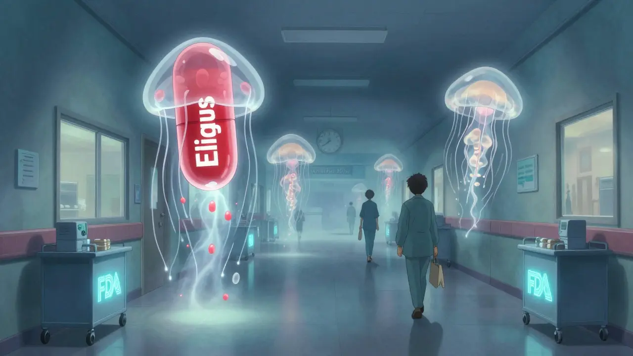 Giant translucent pills float down a hospital corridor, dissolving into light as patients walk peacefully.