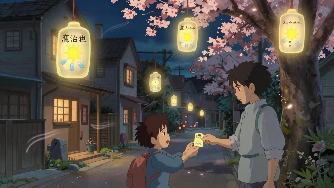Glowing translated medication labels float above homes at night, each with visual symbols, as a child gives a label to their parent under cherry blossoms.