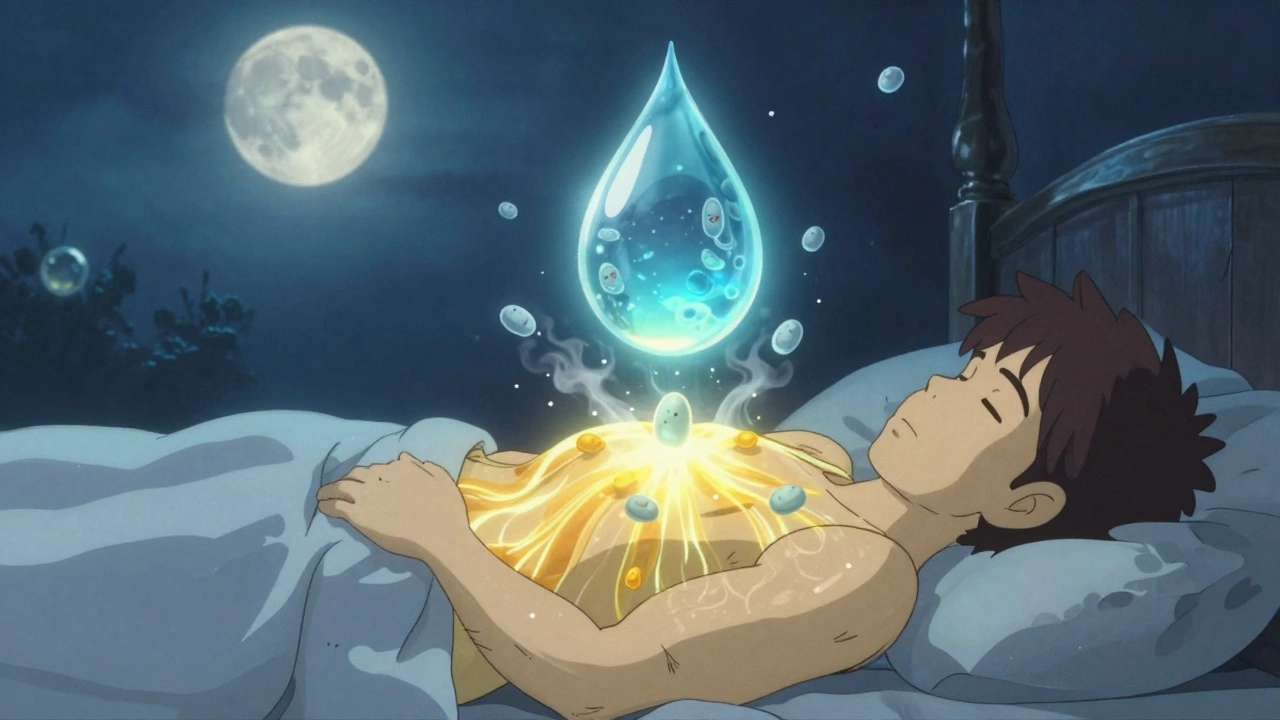 Glowing water droplet dissolving fat cells around a sleeping person, with floating water molecules in moonlight.