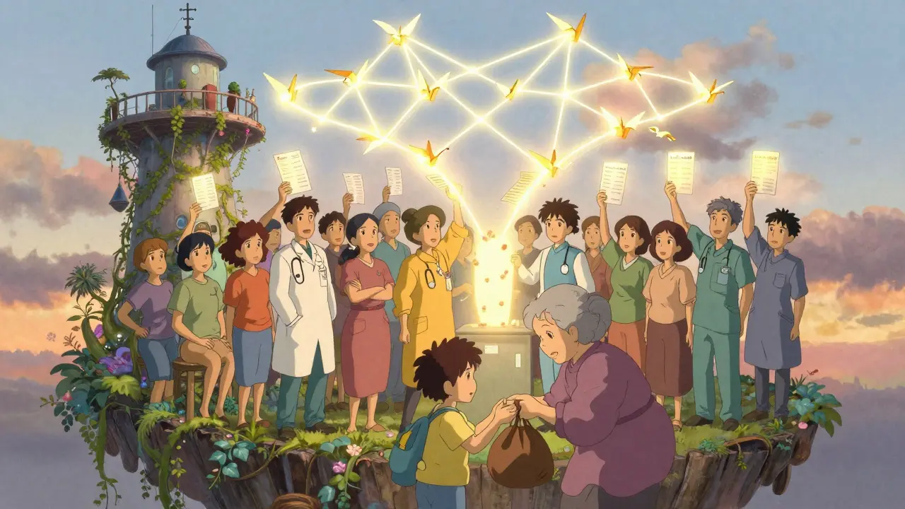 Patients and providers gather in a floating hospital as glowing medication lists rise like paper cranes.