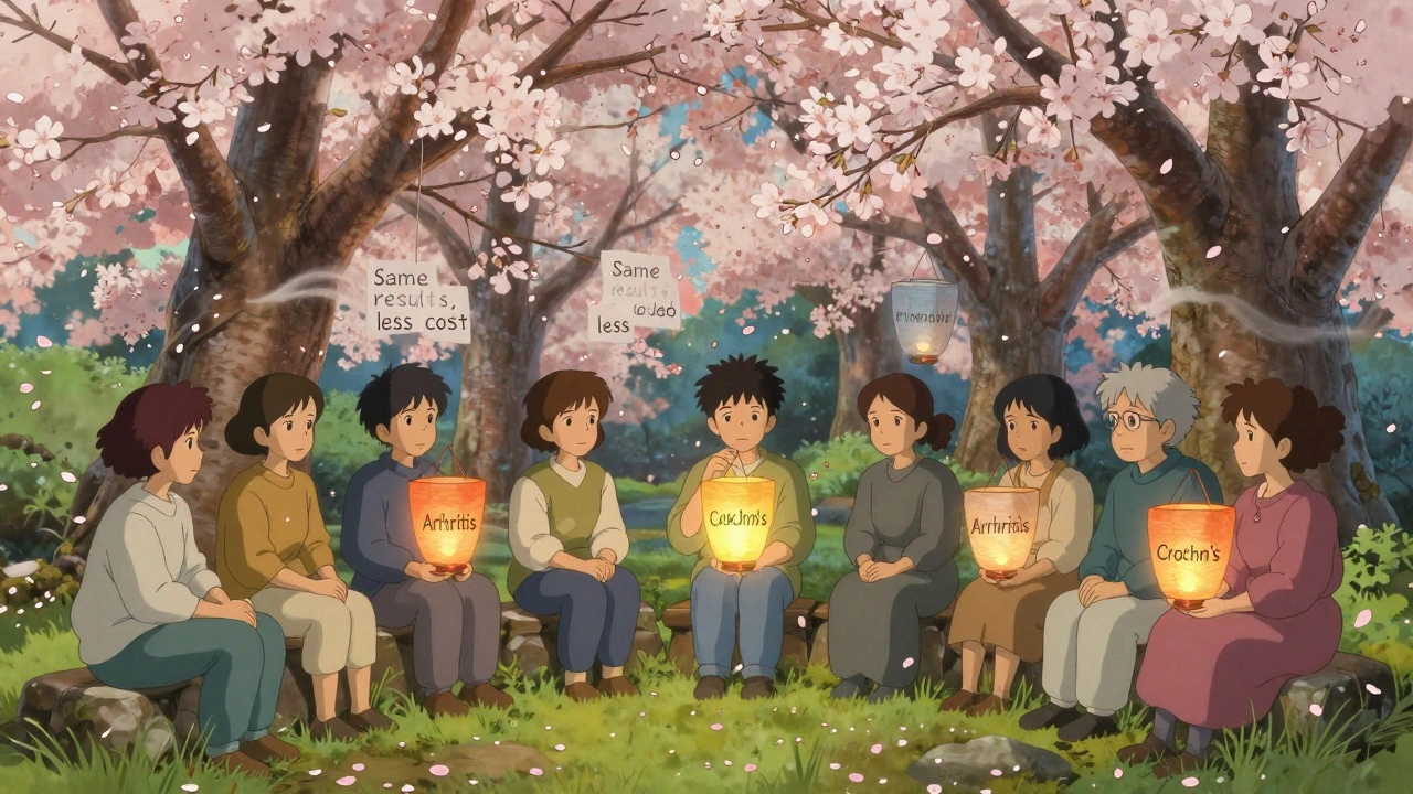 Patients in a cherry blossom garden holding lanterns representing their conditions, with one glowing brighter as a biosimilar.