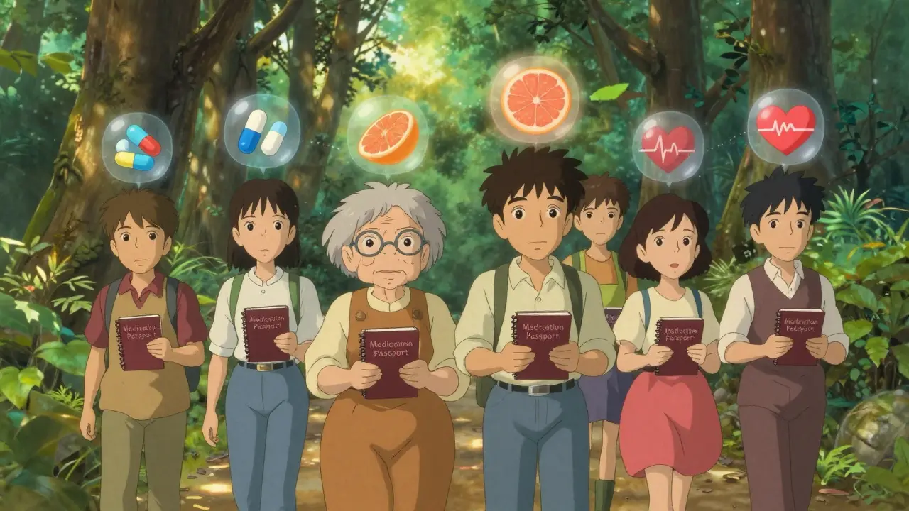 People walking through a forest, each carrying a medication list with floating symbolic icons.