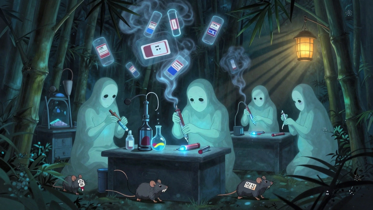 Shadowy figures assembling fake drugs in a hidden bamboo forest lab.
