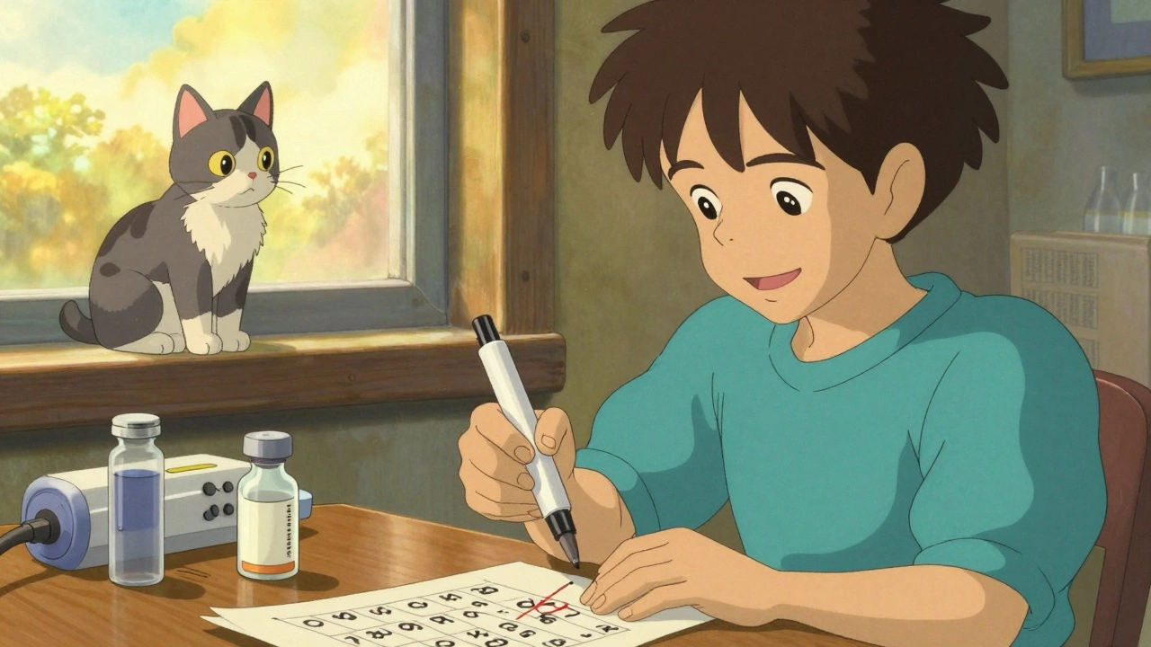 Someone marking the opening date on an insulin pen with a calendar nearby and a cat watching.