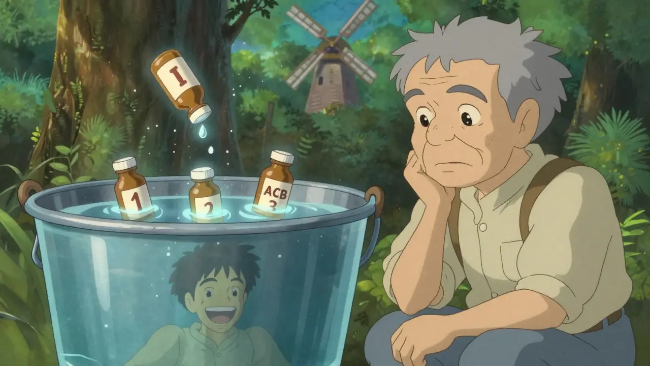 A bucket overflowing with glowing medication bottles, symbolizing anticholinergic burden, reflected in water with a man watching.