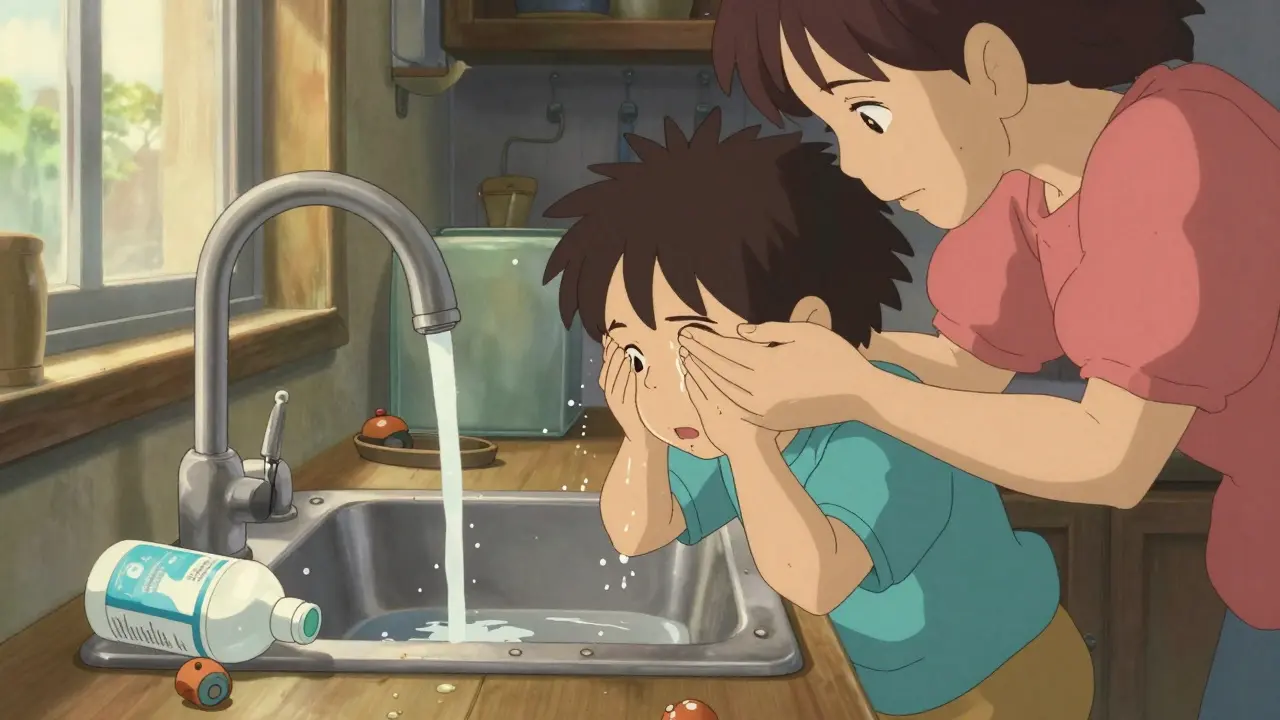 A child flushing their eye at a kitchen sink while a parent helps, warm water flowing, domestic scene with soft lighting.