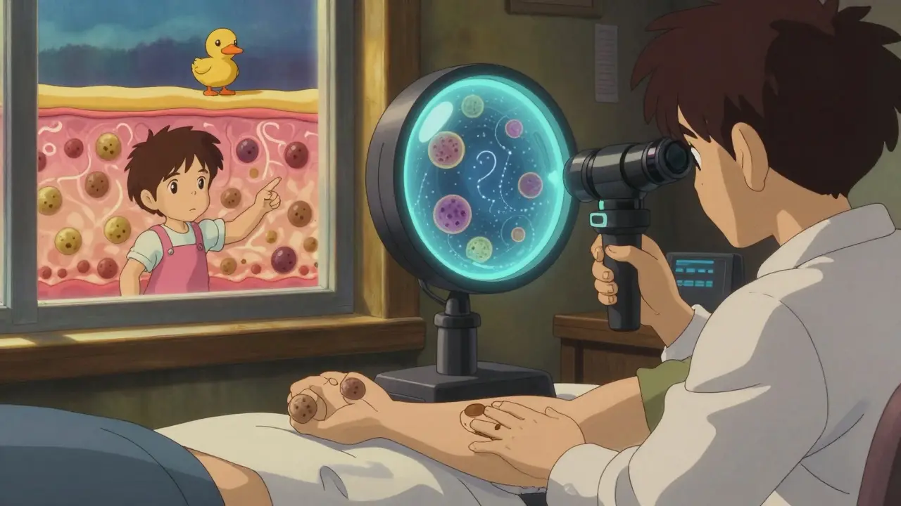 A dermatologist using a dermoscope to reveal hidden skin cells, while a child points to an unusual mole.