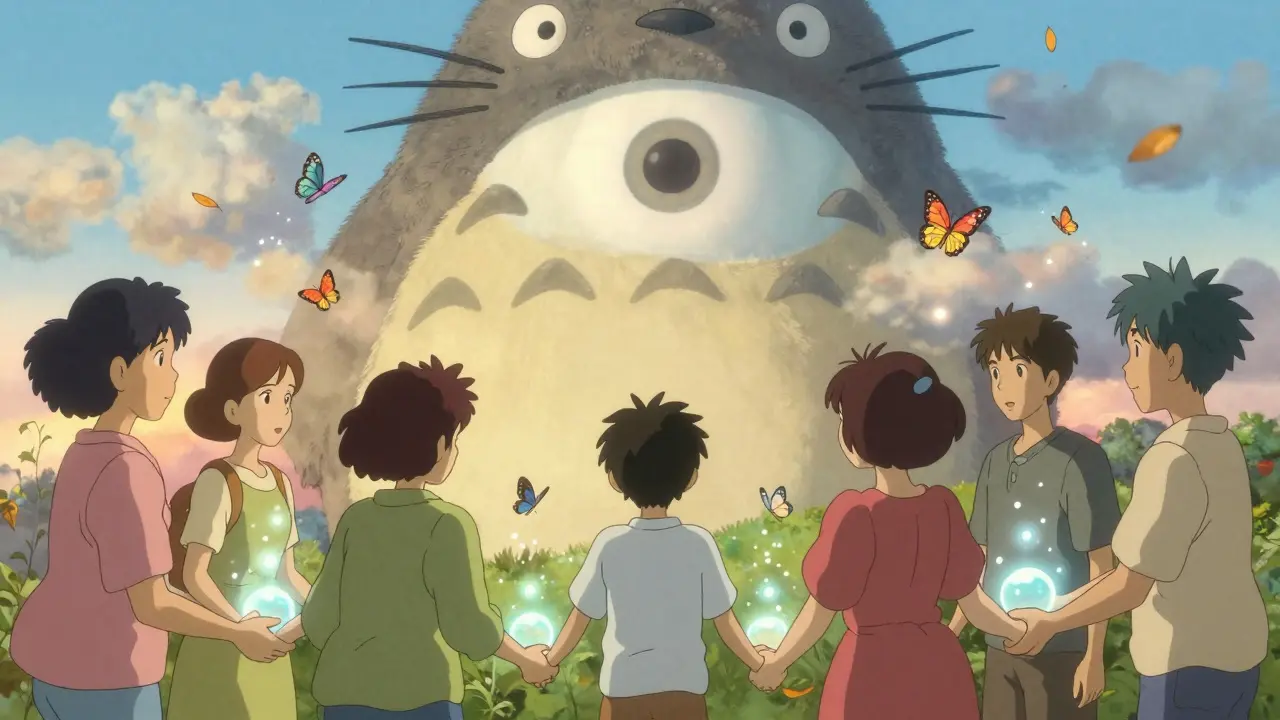 A diverse group of people holding hands as moisture turns into butterflies flying toward a healing horizon.