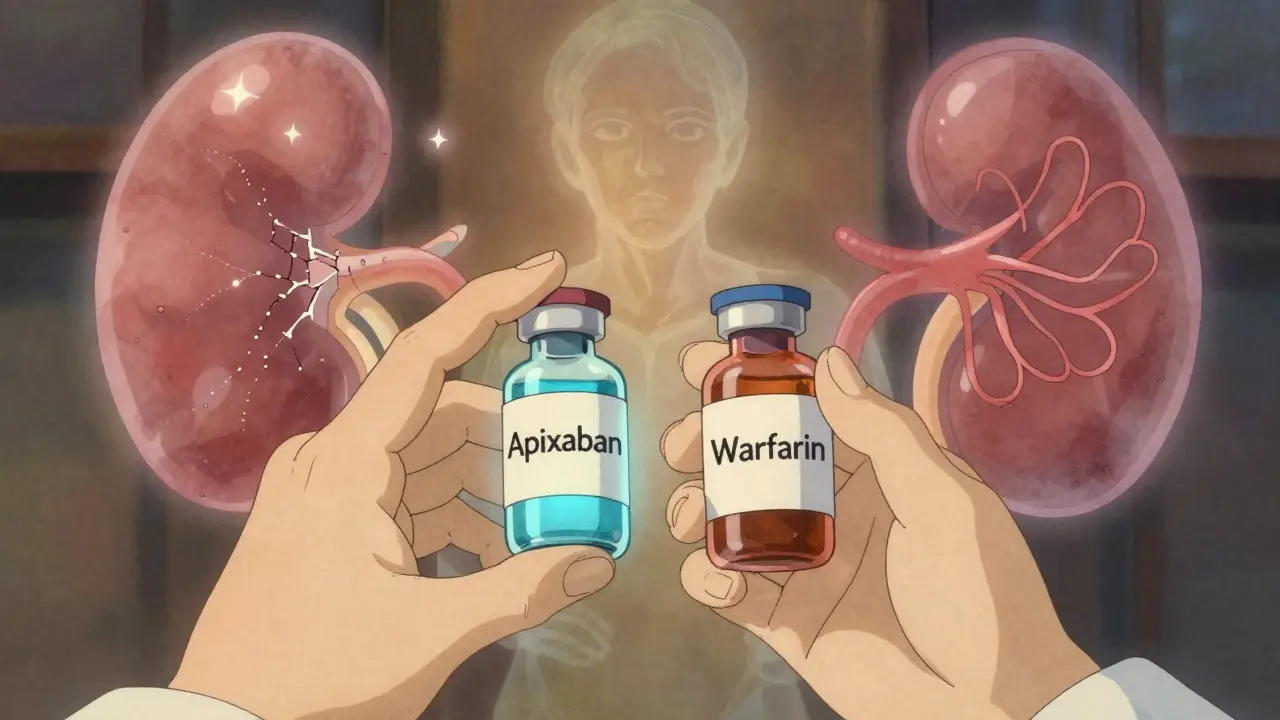 A doctor's hands holding two vials, with floating patient silhouettes showing kidney and liver damage.