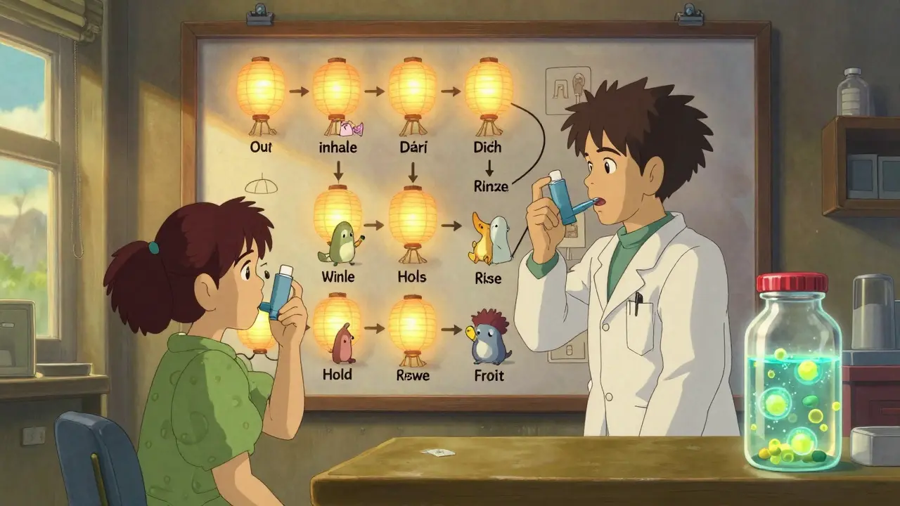 A doctor and patient in a clinic, guided by glowing animated steps for proper inhaler use.
