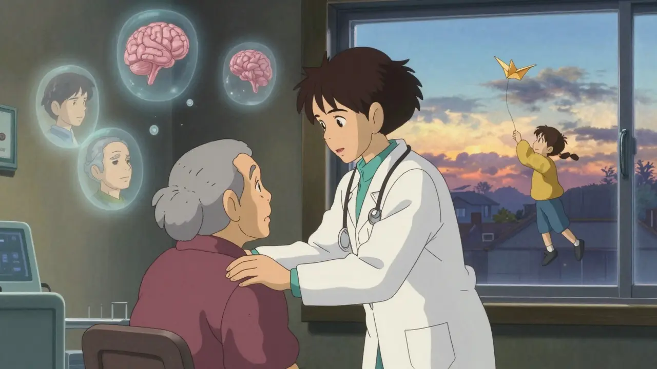 A doctor comforts an elderly patient in a clinic, with fading memories of fatigue dissolving into light.