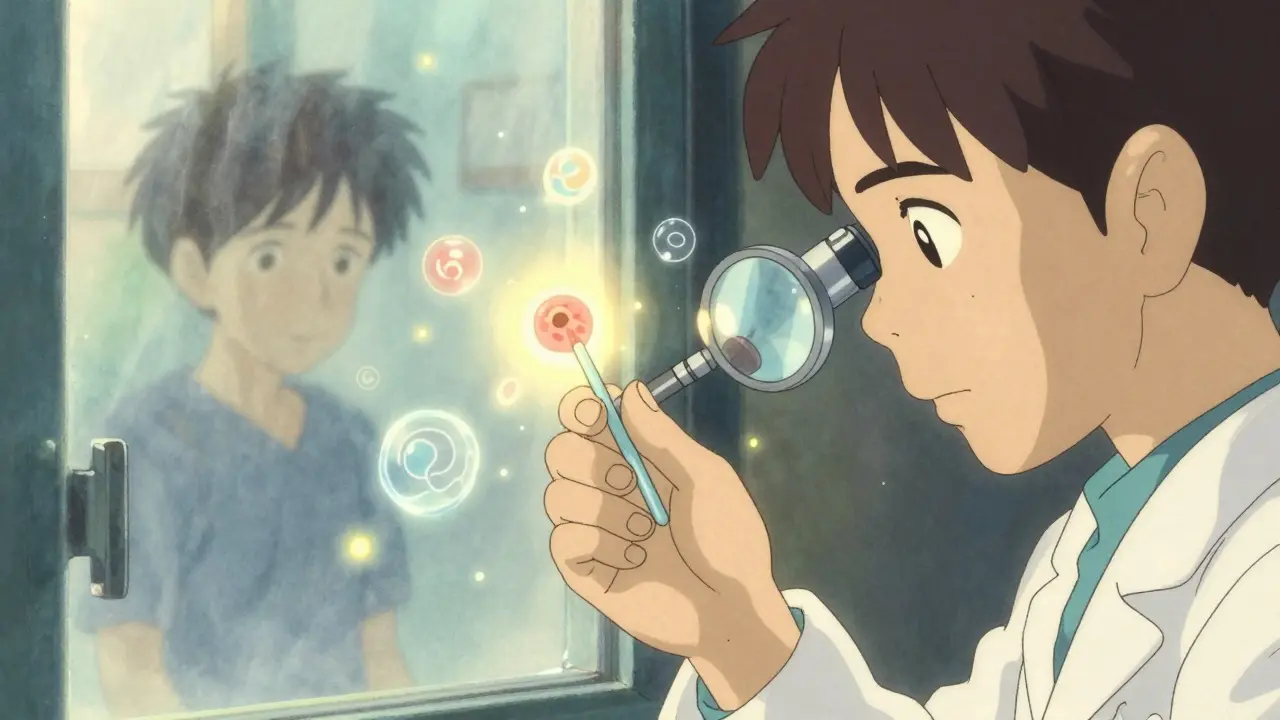 A doctor examining a glowing salivary gland biopsy with floating immune symbols, soft light illuminating the scene.