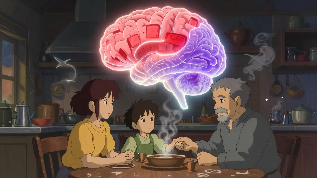 A family shares a quiet moment as a glowing brain map shows safe vs. dangerous drugs, grandfather’s hand held gently by a child.