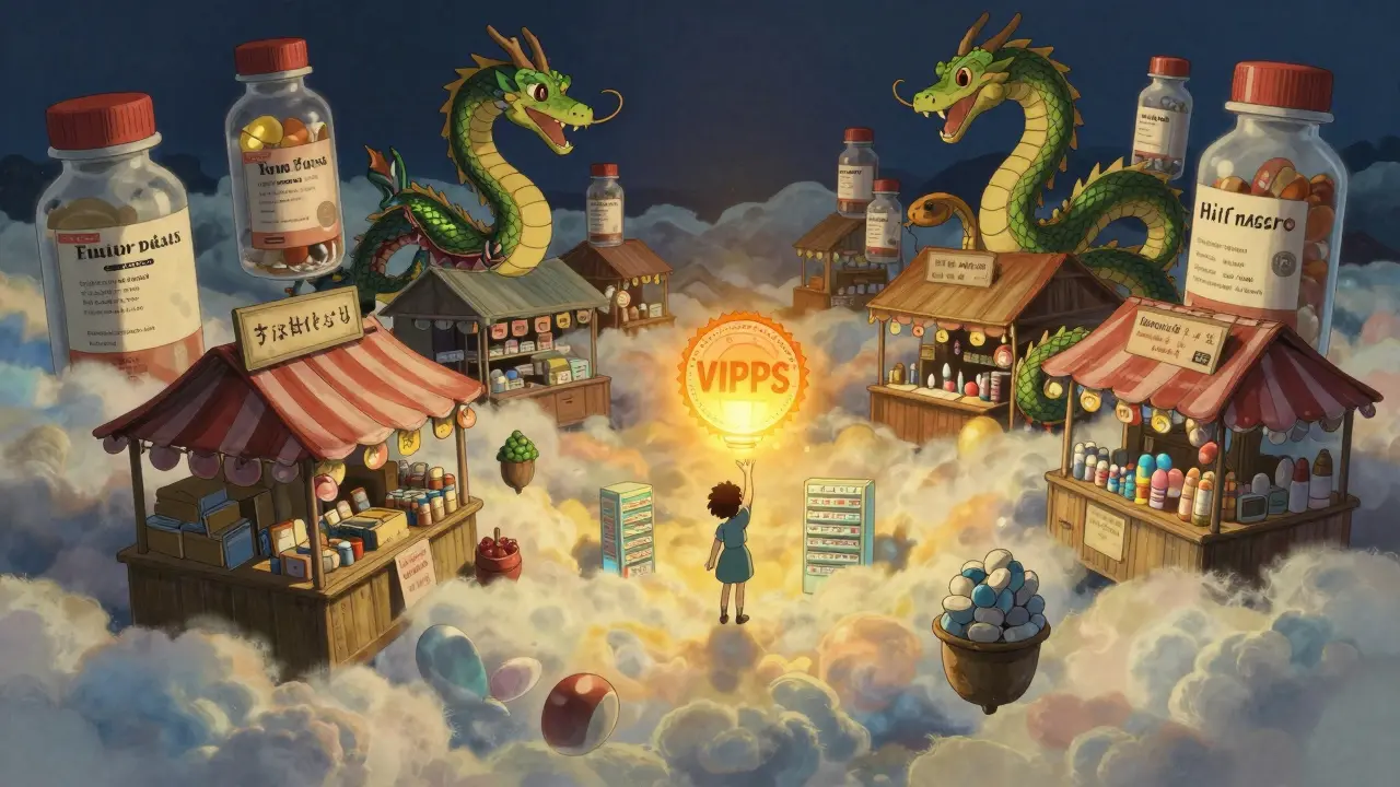 A floating marketplace filled with dangerous counterfeit pills, while a real pharmacy glows safely below.