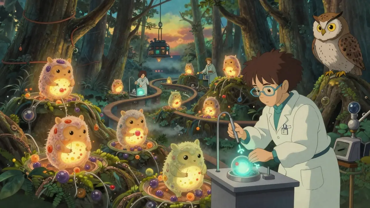 A forest factory where glowing cells craft proteins, overseen by a wise owl representing regulatory care.