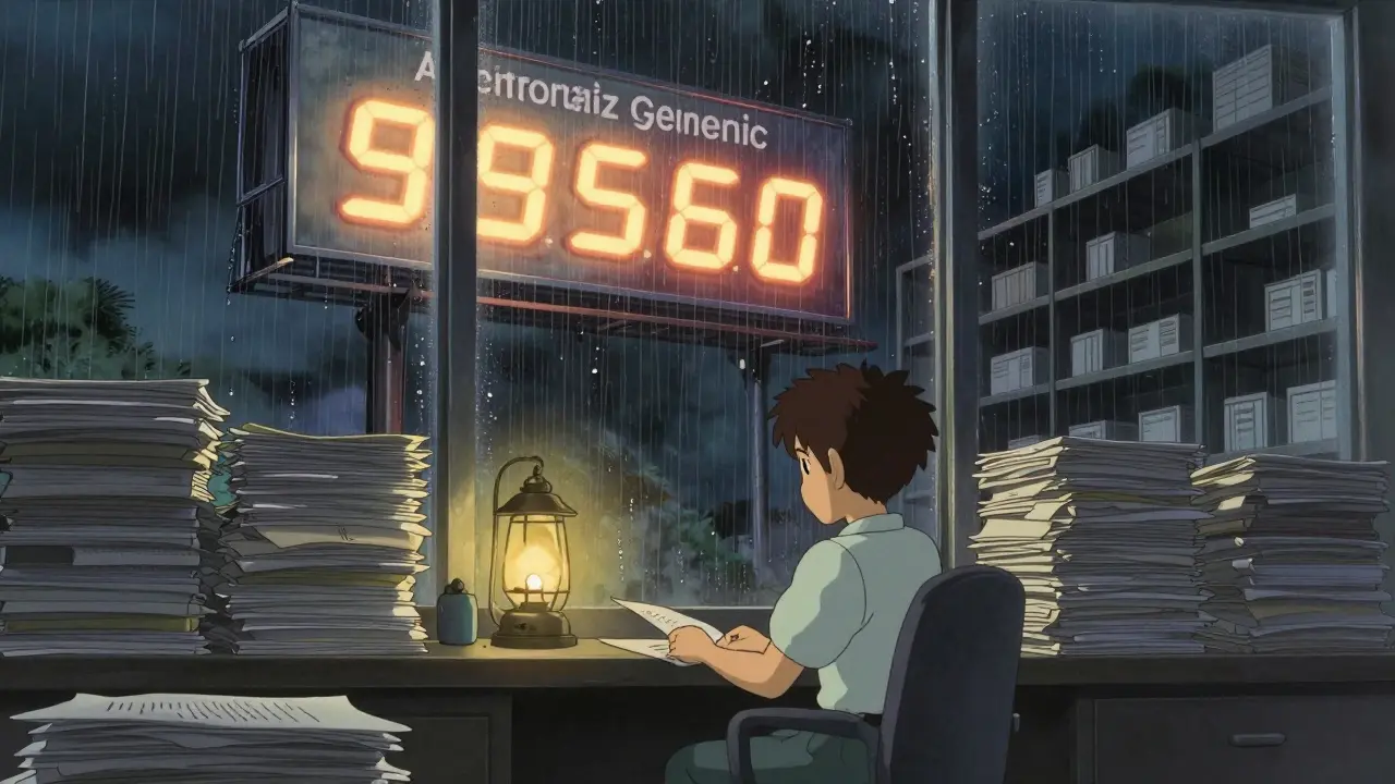 A generic company worker sits amid legal papers as a giant authorized generic billboard casts shadows over empty shelves, in Studio Ghibli’s gentle rain-lit style.