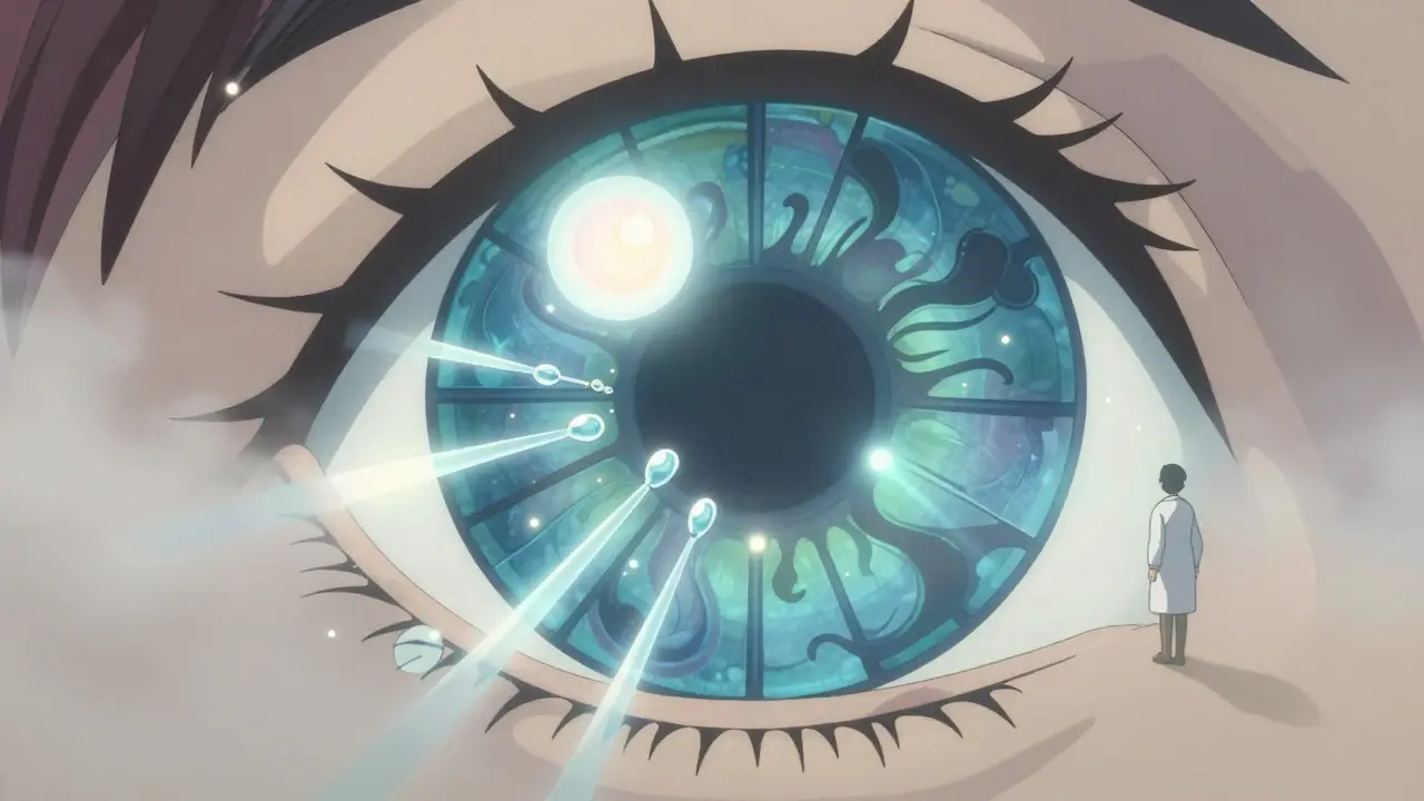 A glowing cornea repaired by water spirits, dark chemicals dissolving into light, ethereal pastel tones.