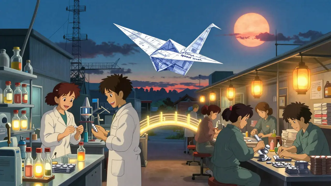 A hybrid manufacturing scene with U.S. and Mexican facilities connected by a glowing bridge, symbolizing balanced control and trust.