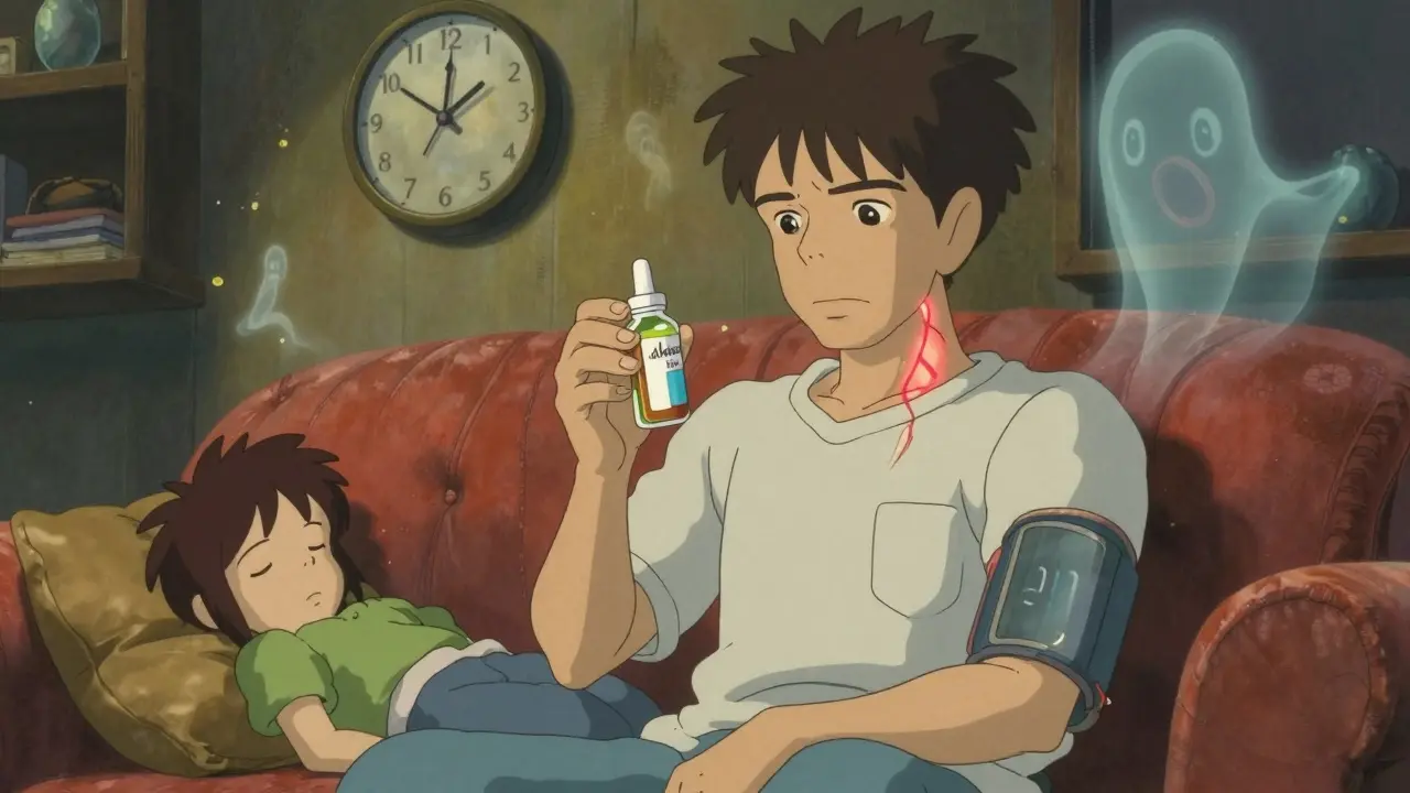 A man feels the hidden dangers of decongestants as glowing warning veins pulse through his body in a peaceful room.