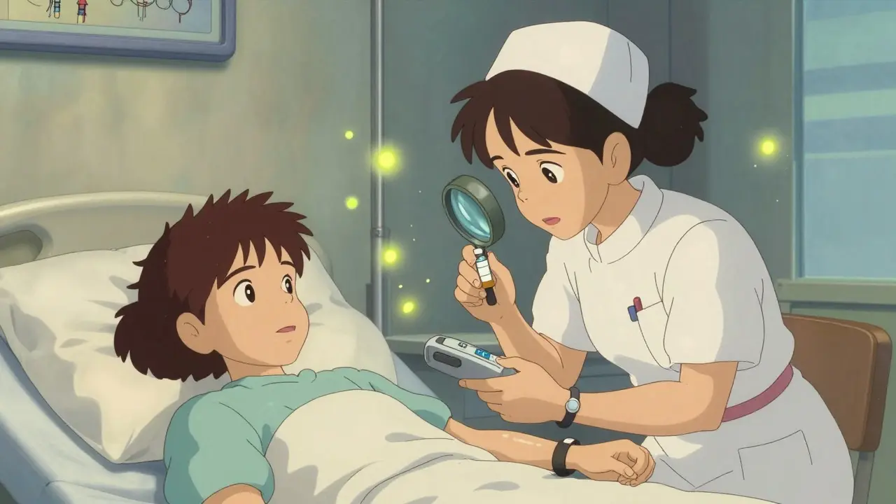 A nurse scanning a patient’s wristband while another checks insulin dosage in a pediatric ward.