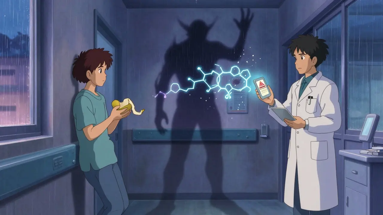 A patient in a hospital hallway holding a pomelo peel, their shadow showing a broken enzyme shape.