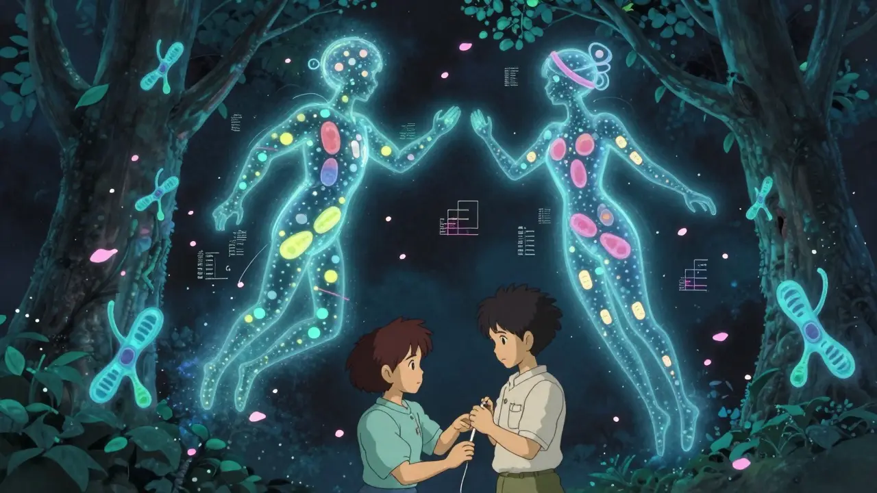 A patient receiving an injection under antibody-shaped trees, with two shimmering, similar biologic figures above.