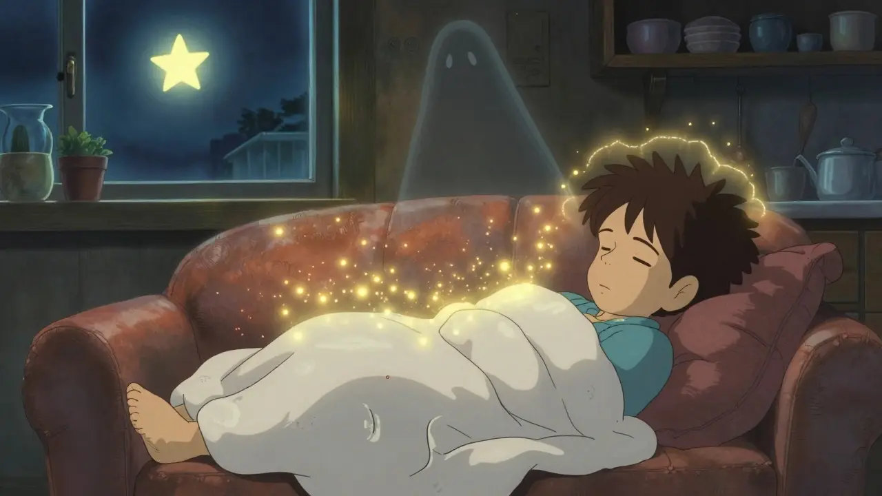 A patient rests peacefully as anxious shadows fade, surrounded by gentle serotonin light.