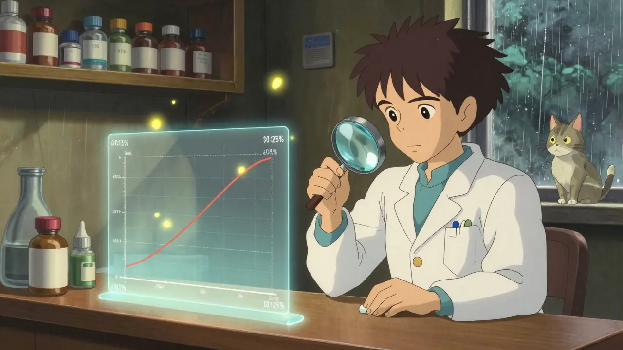 A pharmacist examines a tablet as bioequivalence data floats around them like glowing fireflies in a soft, rain-dappled pharmacy.
