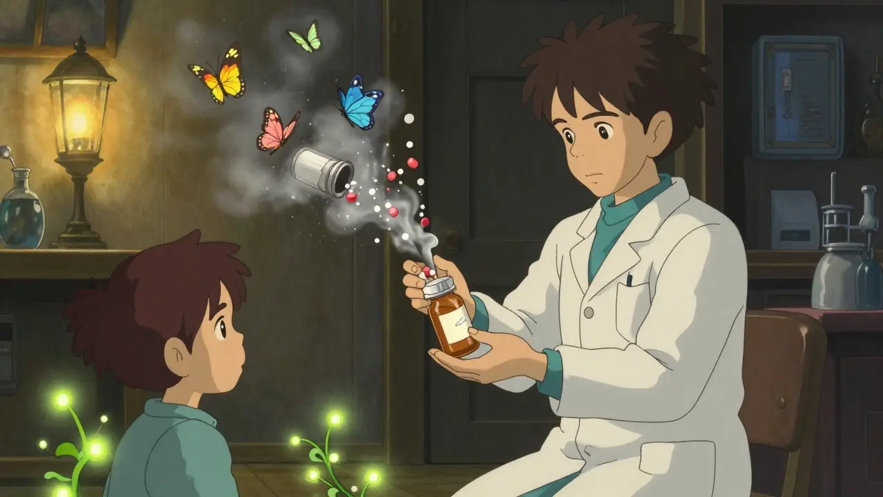 A pharmacist gives a real prescription as fake pills turn to butterflies, symbolizing safety and healing.