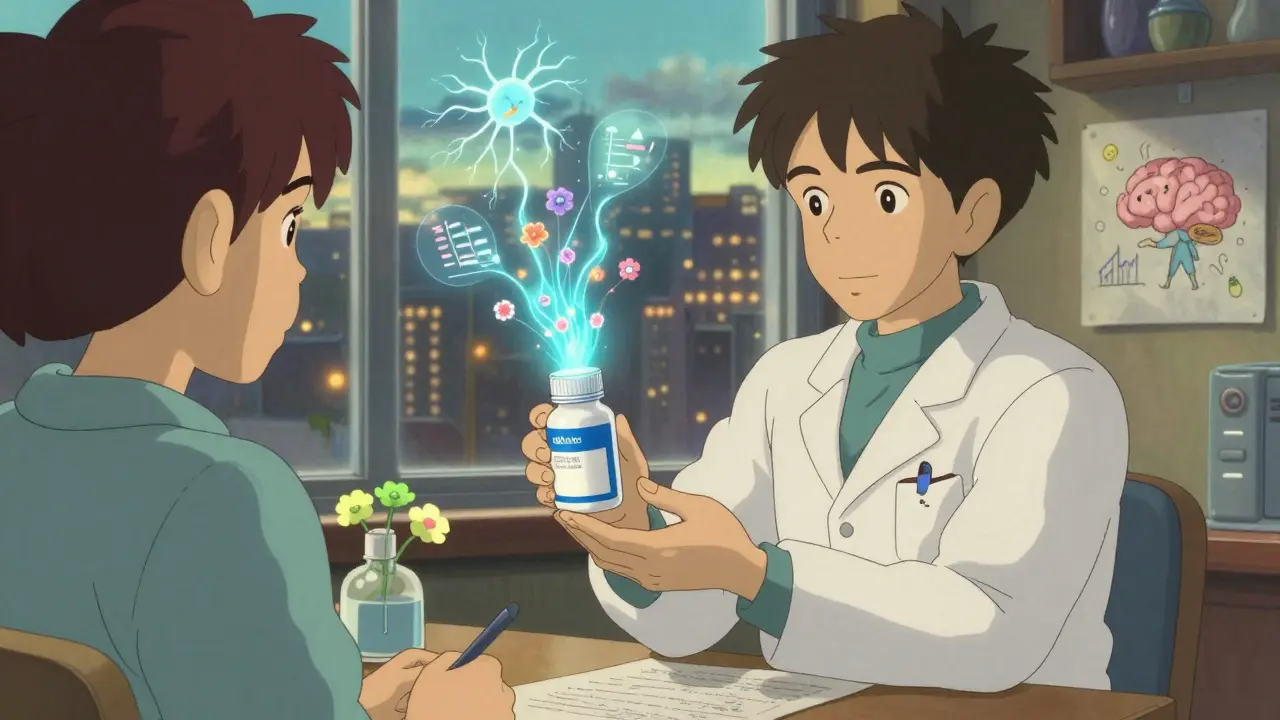 A pharmacist hands a patient a beautifully designed generic pill bottle, with floating neurons and flowers.